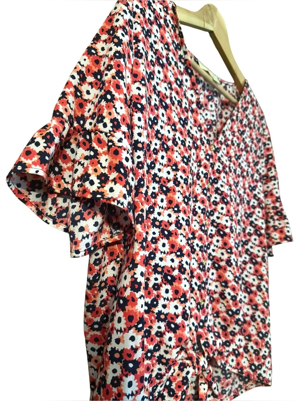Michael Kors Floral Tie-Front V-Neck Ruffle SS Pink & Blue Blouse Top
